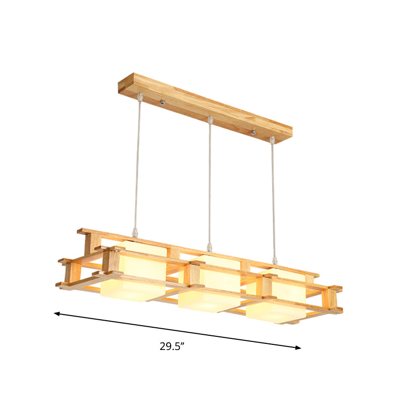 Wooden Frame Square Shade Linear Pendant 3-Light Nordic Island Light Fixture over Dining Table