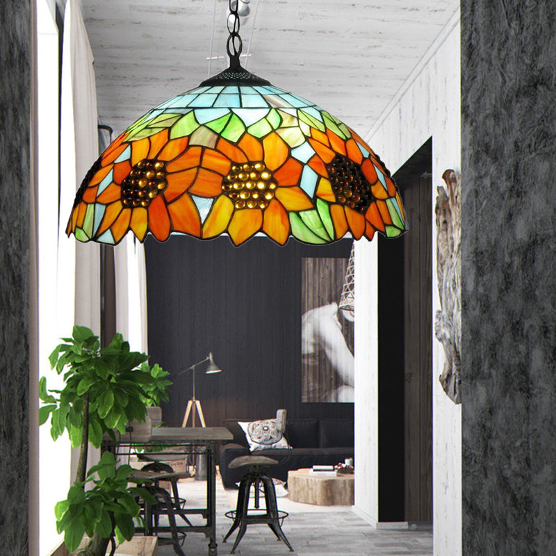 1 Head Bedroom Hanging Lamp Traditional Pendant Light Fixture with Sunflower Orange Stained Glass Shade