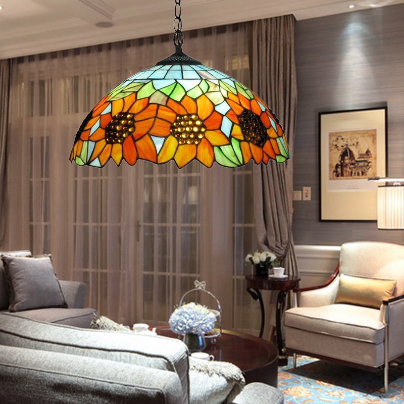 1 Head Bedroom Hanging Lamp Traditional Pendant Light Fixture with Sunflower Orange Stained Glass Shade
