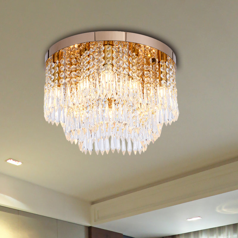 Crystal Waterfall Flush Lamp Modernist 10-Light Living Room Ceiling Flush Mount in Rose Gold