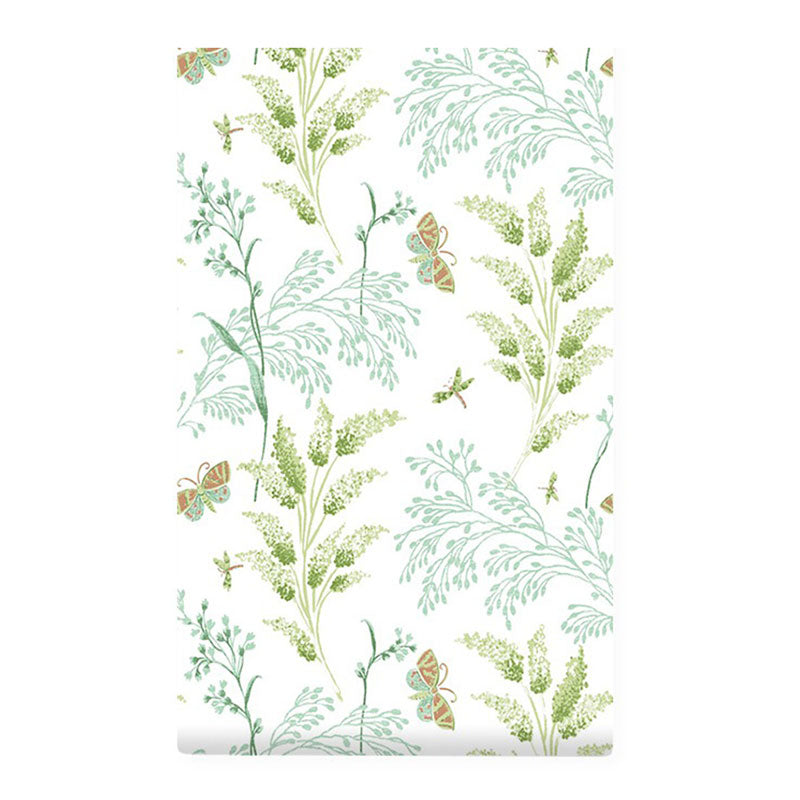 Flowers and Leaves Wall Decor in Green and White, Minimalist Wallpaper for Guest Room