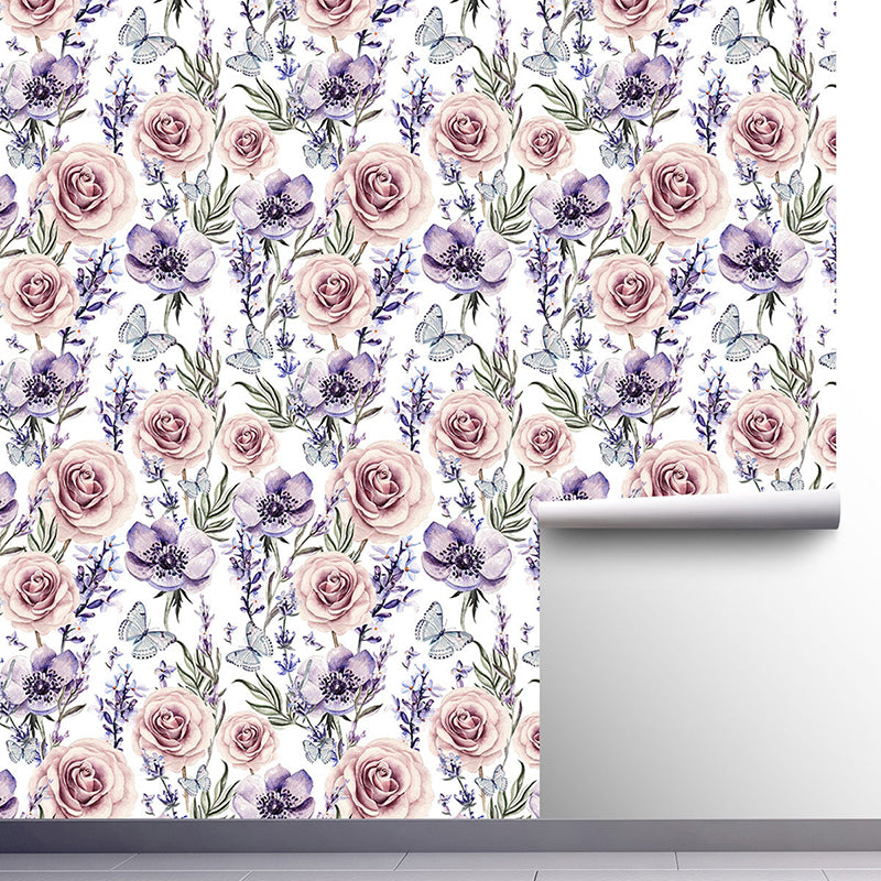 Tapete im Illustrationsstil, blühende Rose, Wandverkleidung für Gästezimmer, in sanften Farben, selbstklebend