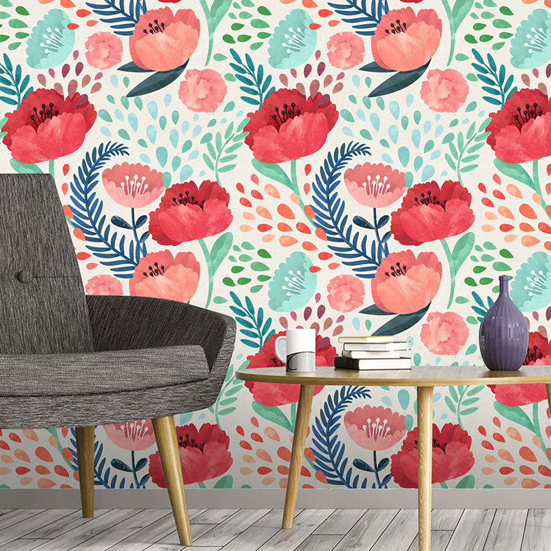 Watercolors of Flower Wallpaper Roll for Accent Wall in Green and Red, Easy to Remove, 29.1 sq ft.