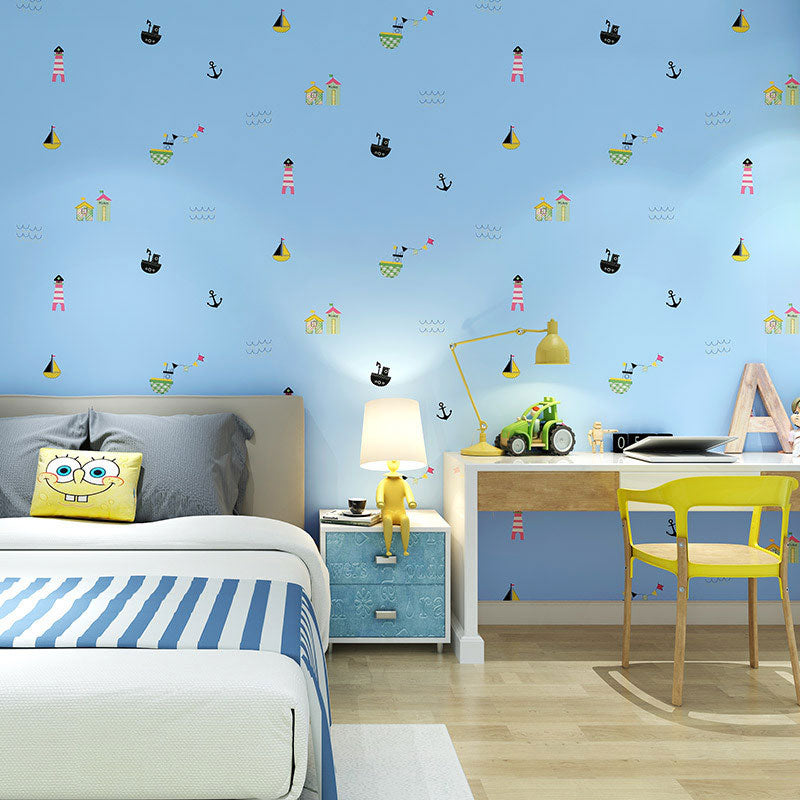 Pastel Boat and Beacon Wallpaper Stain-Resistant Wall Art for Children's Bedroom,Non-Pasted