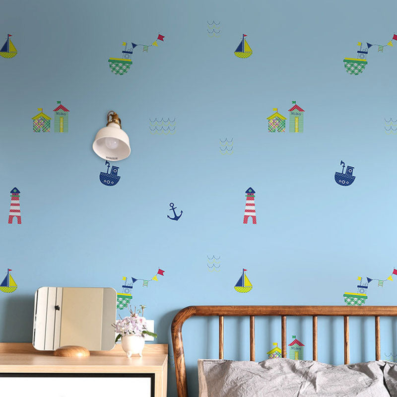 Pastel Boat and Beacon Wallpaper Stain-Resistant Wall Art for Children's Bedroom,Non-Pasted