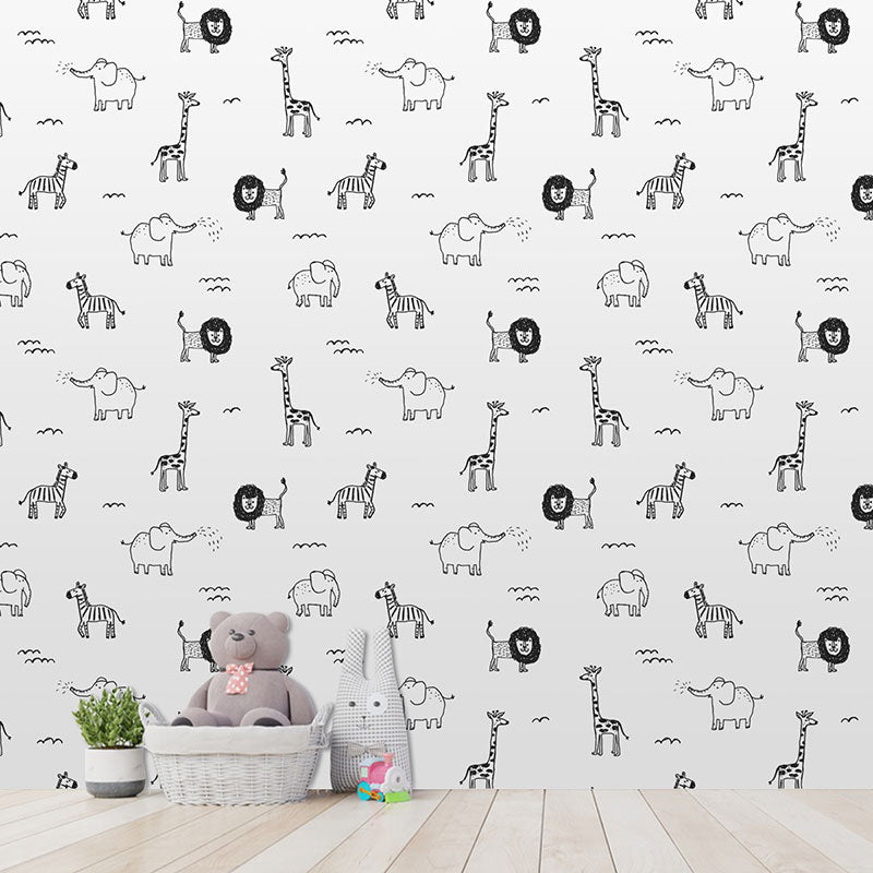 Contemporary Wall Covering Grey and White Giraffe and Elephant Wallpaper Roll, 29.1 sq ft.