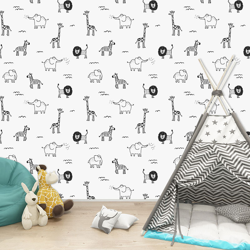 Contemporary Wall Covering Grey and White Giraffe and Elephant Wallpaper Roll, 29.1 sq ft.