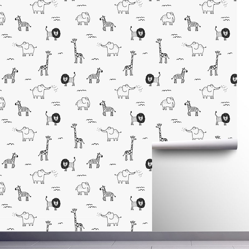 Contemporary Wall Covering Grey and White Giraffe and Elephant Wallpaper Roll, 29.1 sq ft.