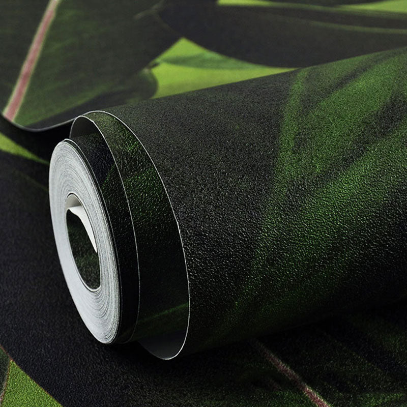 Contemporary Wallpaper Roll for Theme Restaurant Decor with Banana Leaves Design in Green