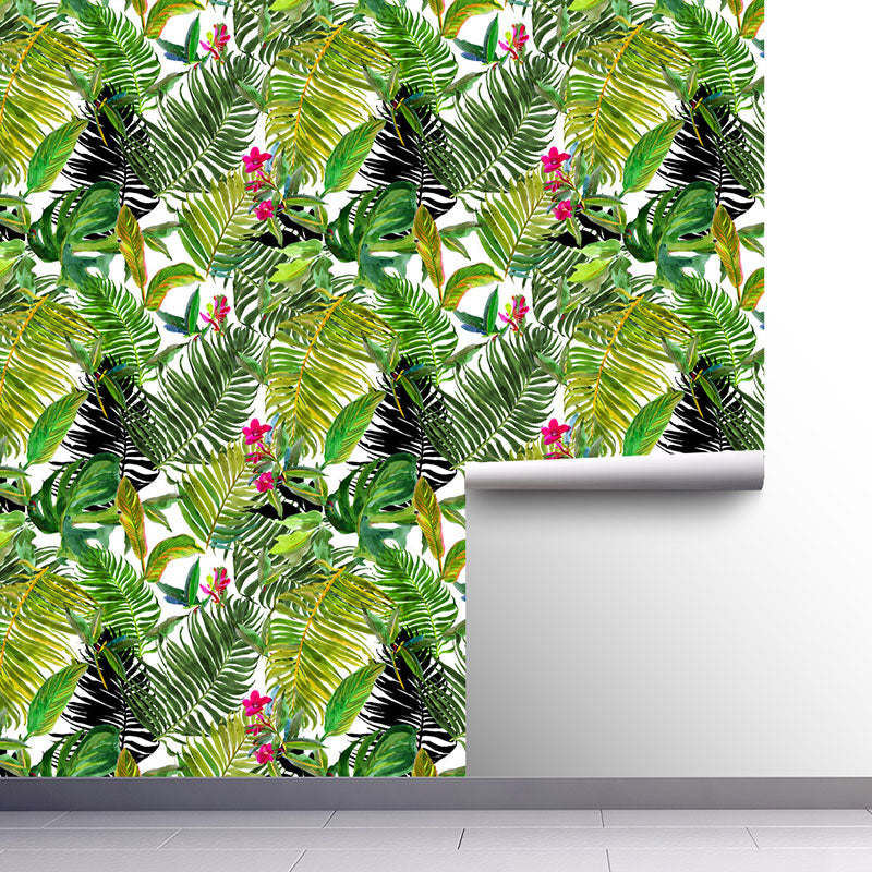 Green and Red Minimalist Wallpaper 29.1 sq ft. Palm Tree Wall Covering for Thai Restaurant