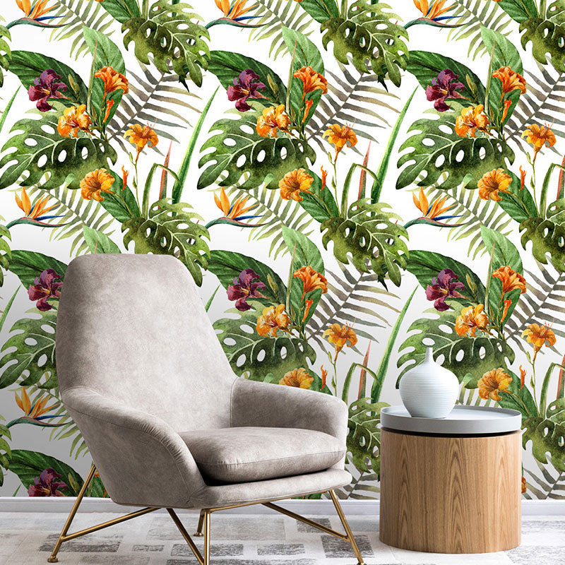 Green Palm Tree Wall Covering Stain-Resistant Wallpaper Roll for Accent Wall, Self-Adhesive