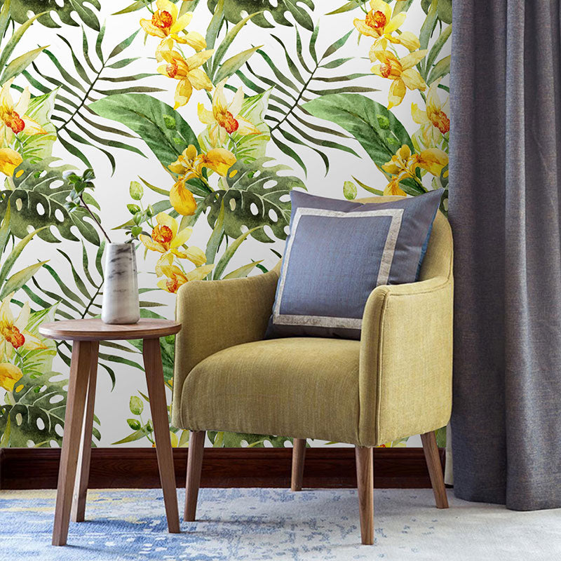Palm Leaves Wallpaper Roll for Thai Restaurant Blossoms Wall Art in Green and Yellow, Stain-Resistant, Easy to Remove