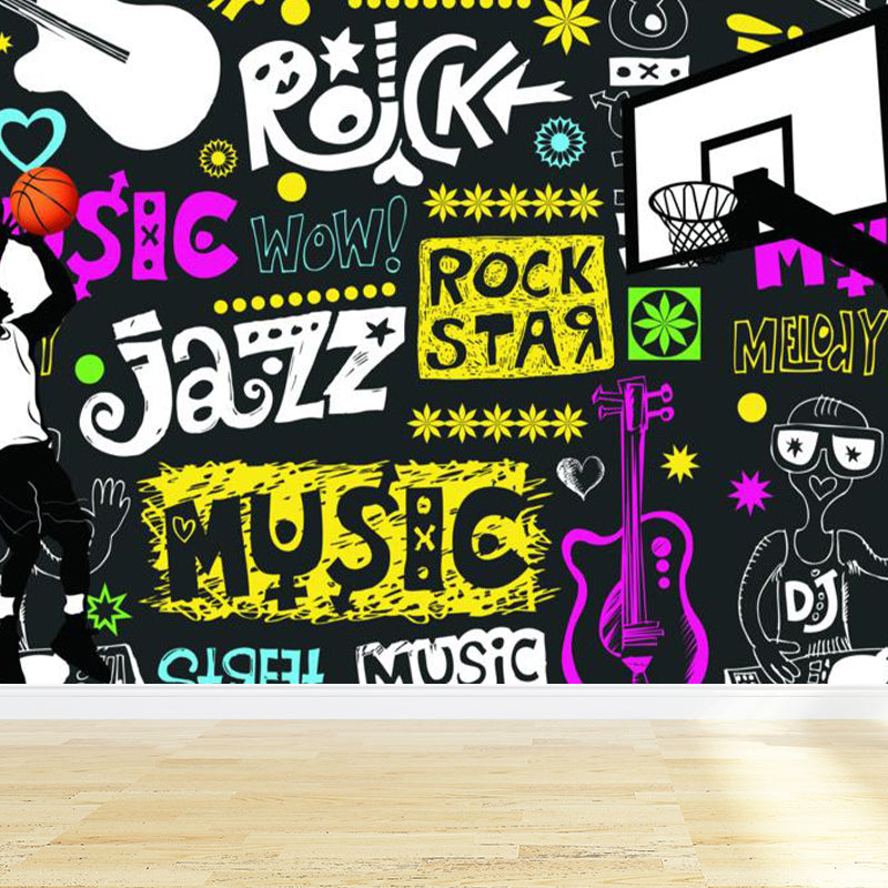 Cartoon Print Mural Decal Graffiti Non-Woven Fabric Textured Wall Covering in Soft Color