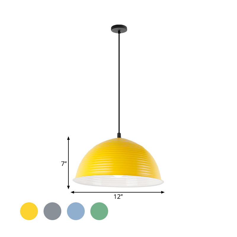 12"/16" W 1 Light Hanging Lamp with Ribbed Dome Shade Metal Industrial Indoor Ceiling Light in Grey/Yellow