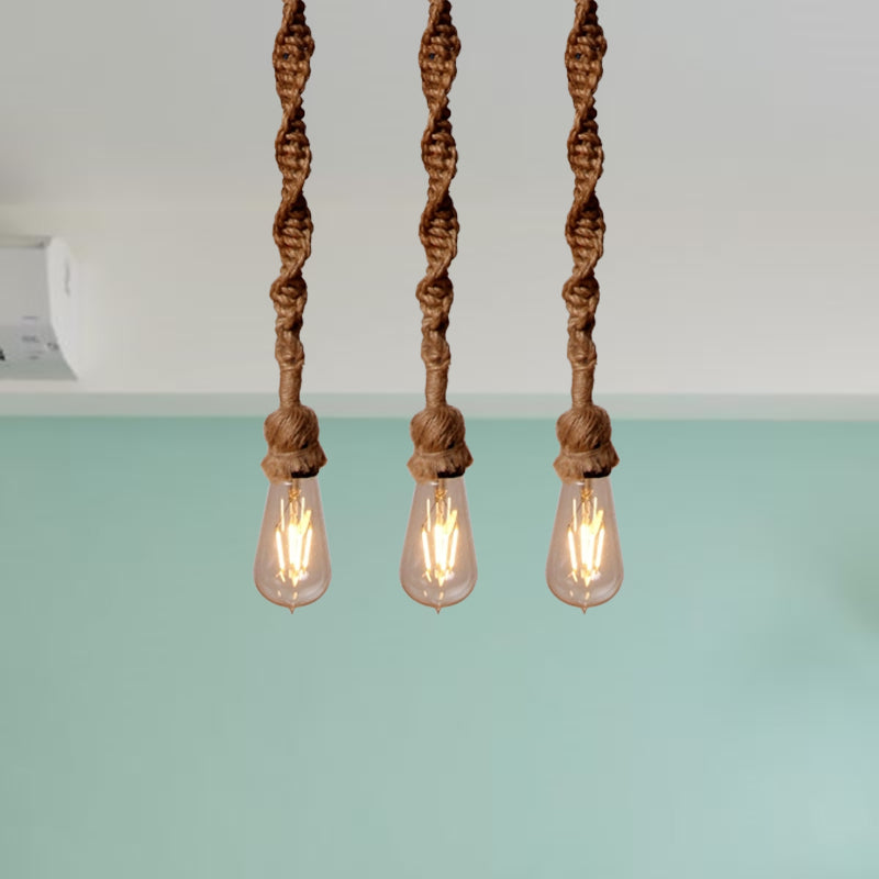 Minimalist Exposed Bulb Hanging Lamp 1/3-Head Rope Pendant Light Fixture in Brown for Bar
