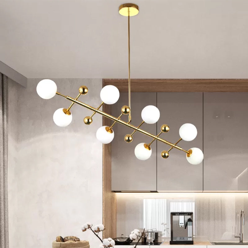 Hotel Ball Shade Linear Chandelier Opal Glass 8 Lights Modern Gold Ceiling Pendant