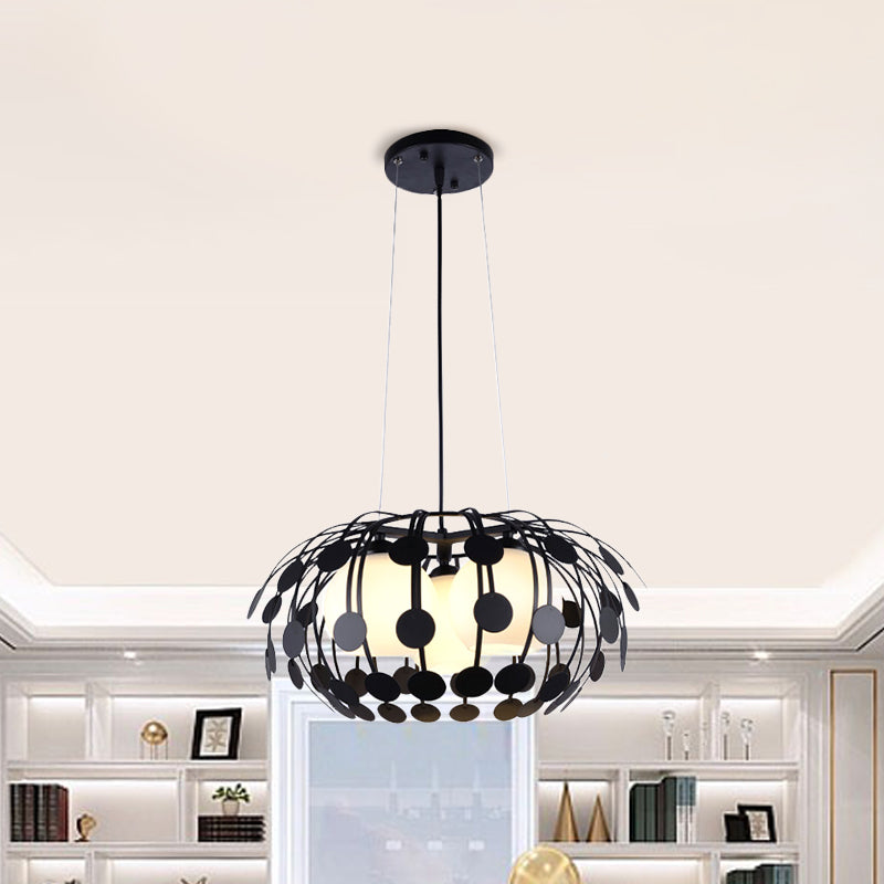 Lámpara de techo colgante de vidrio blanco de 3 luces modernas con vaso blanco con marco de hierro ovalado