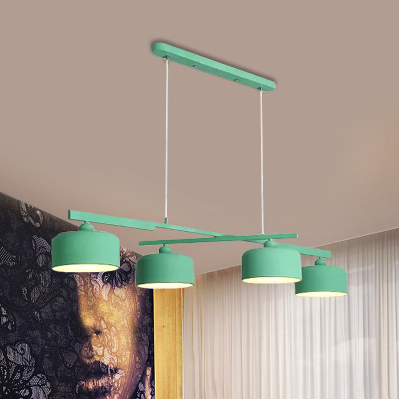 Macaron Drum Shade Hanging Chandelier Metal 4 Lights Ceiling Lamp over Dining Table