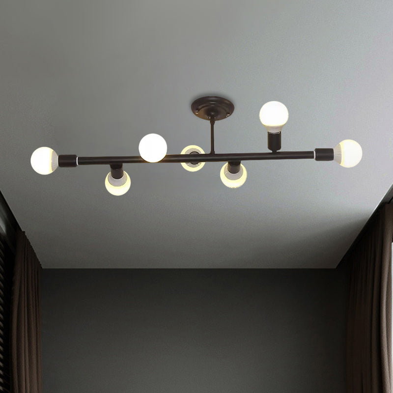 Black Finish Open Bulb Island Lighting Metal 7/13 Lights Simple Metal Ceiling Lamp