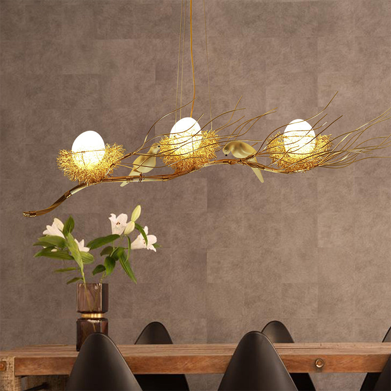 Gold Nest Island Lighting 3 Head Modern Metal Pendant Chandelier with Bird Decor