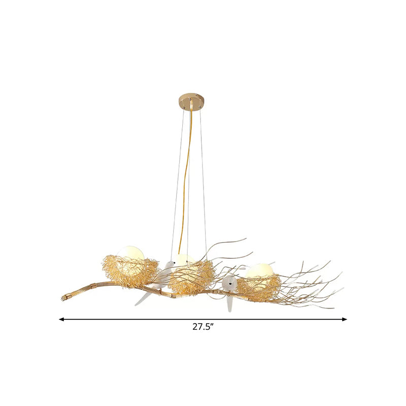 Gold Nest Island Lighting 3 Head Modern Metal Pendant Chandelier with Bird Decor