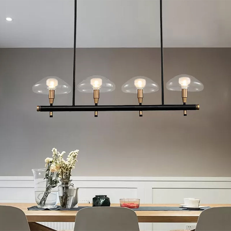 Clear Shade Mushroom Linear Pendant 4/6 Lights Glass Island Lighting in Black for Restaurant