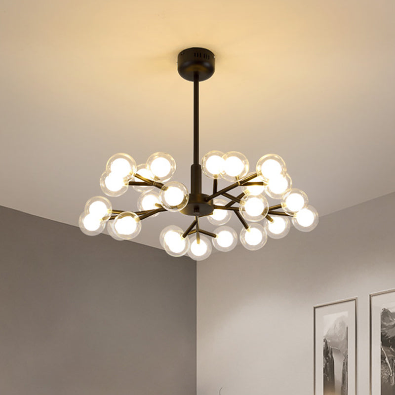Schwarz verzweigender Kronleuchter anheizt Licht moderner nordischer Stil 25/30/45 Lichter Metall Hanging Licht mit klarem Glasballschatten