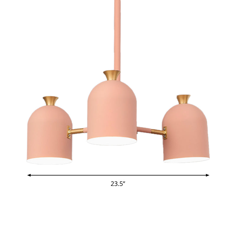 3 Lights Cup Hanging Light Macaron Style Metal Chandelier in Pink for Girls  Bedroom