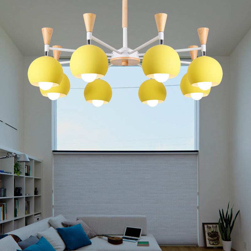 6 lichten bolvormig plafond hanger macaron metalen kroonluchter in geel voor woonkamer