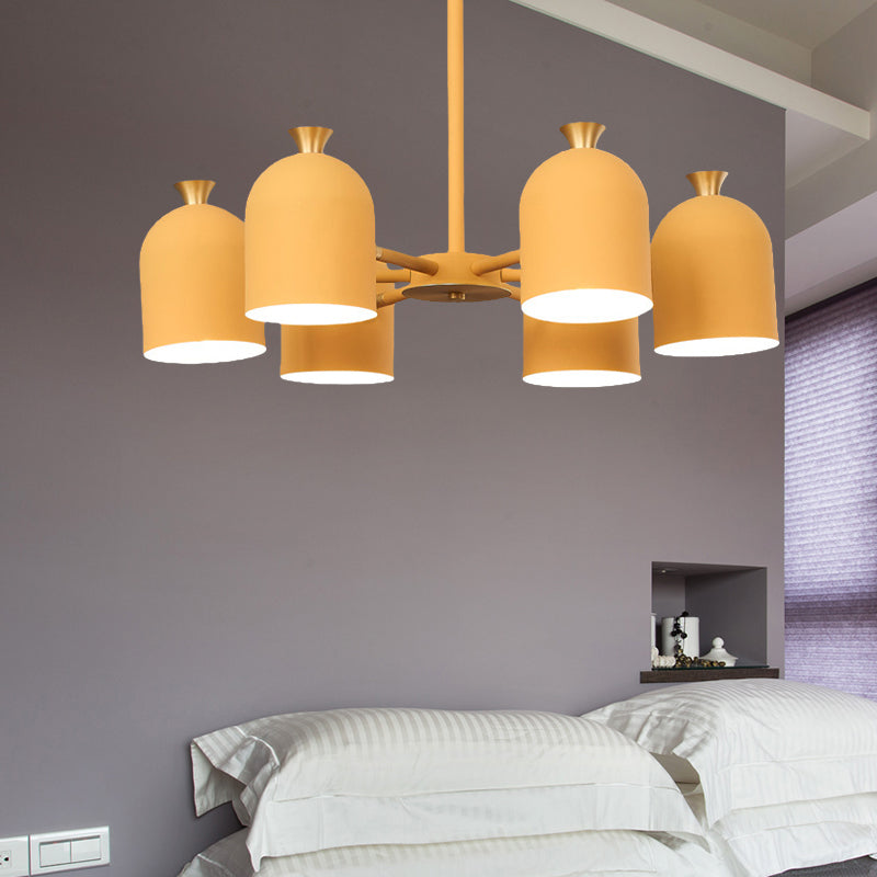 Kids Cup Shade Hanging Light Metal Six Lights Yellow Chandelier for Adult Bedroom