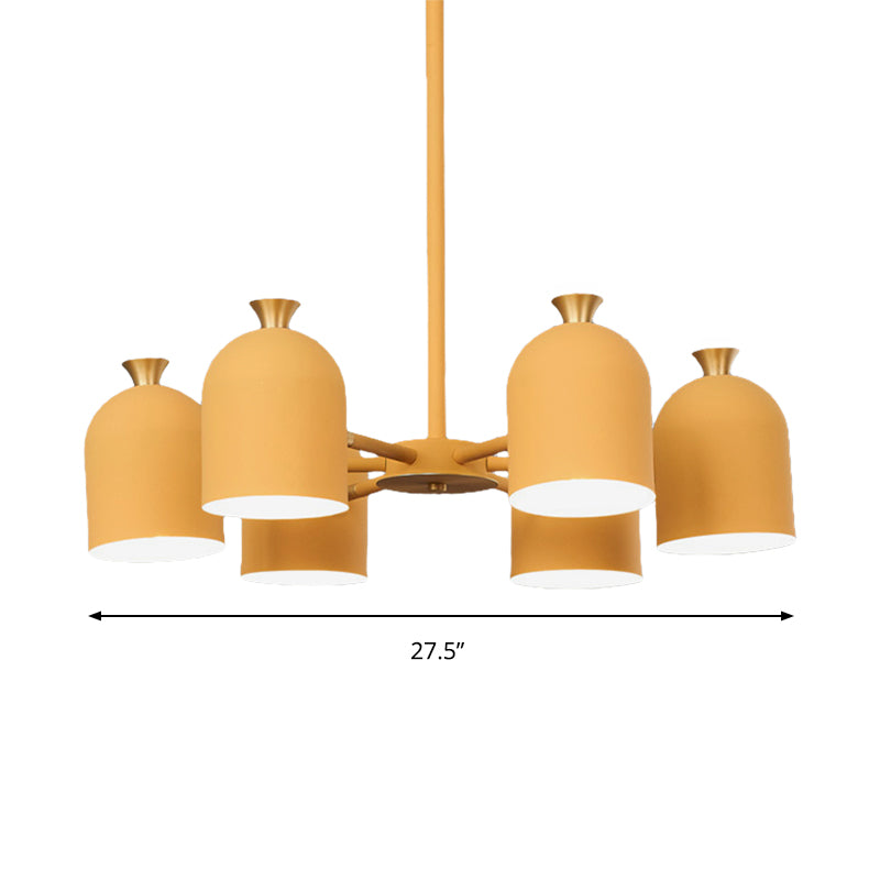 Kids Cup Shade Hanging Light Metal Six Lights Yellow Chandelier for Adult Bedroom
