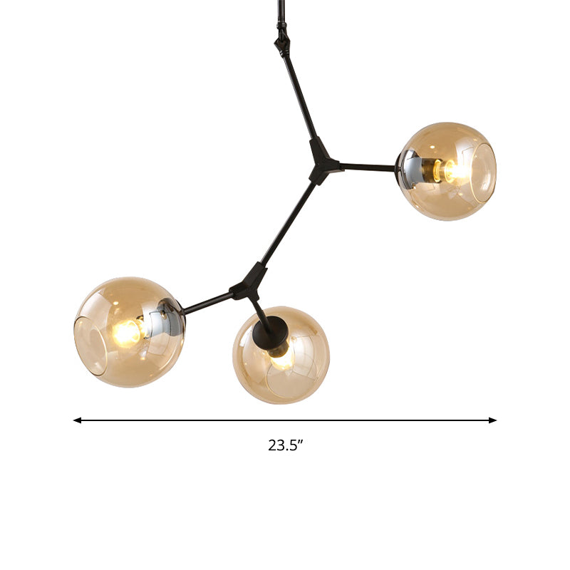 Amber open glas orb kroonluchter woonkamer 3 lichten modern hanglamp in het zwart