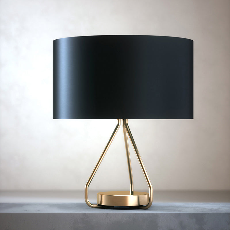Lampada da notte a gabbia aperta in ottone Illuminazione da tavolo vintage in metallo a 1 luce con paralume in tessuto a tamburo