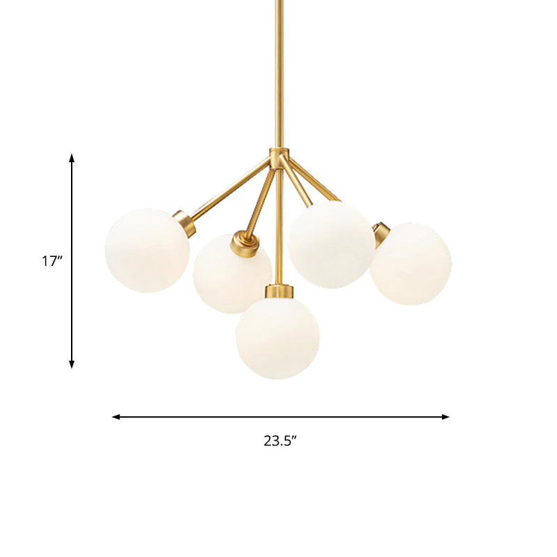 Simple Gold Chandelier Light Globe Shade 5 Lights Milk Glass G9 Hanging Light for Restaurant