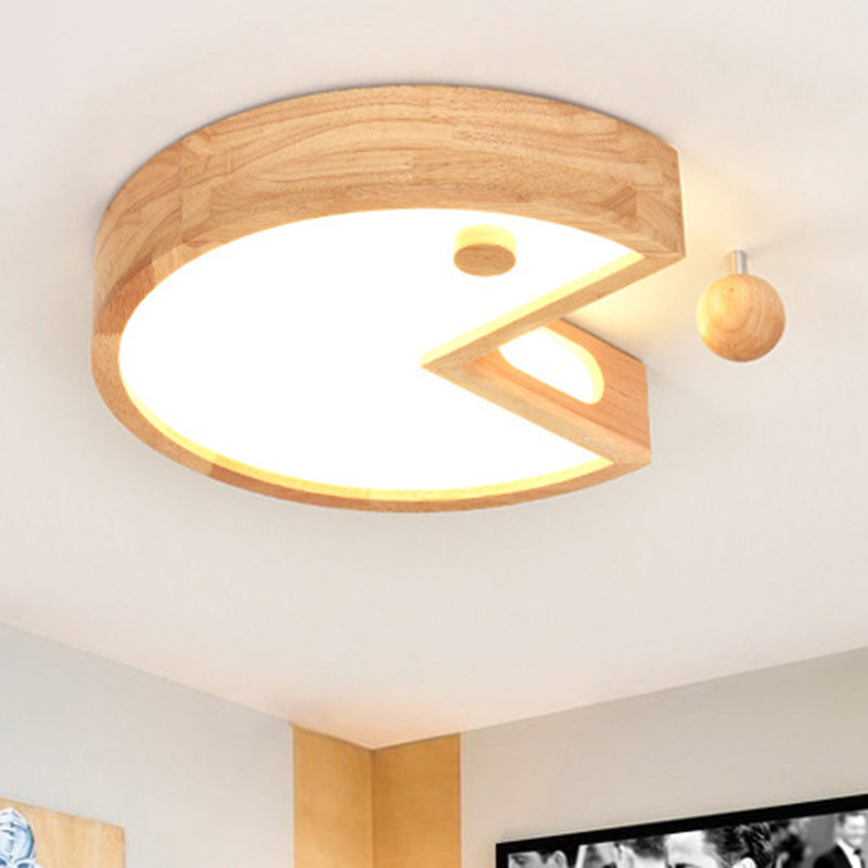 Nordic Style Beige Flush Ceiling Light Face Wood & Acrylic Ceiling Lamp for Kids Bedroom