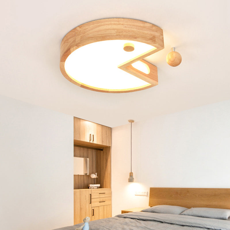 Nordic Style Beige Flush Ceiling Light Face Wood & Acrylic Ceiling Lamp for Kids Bedroom