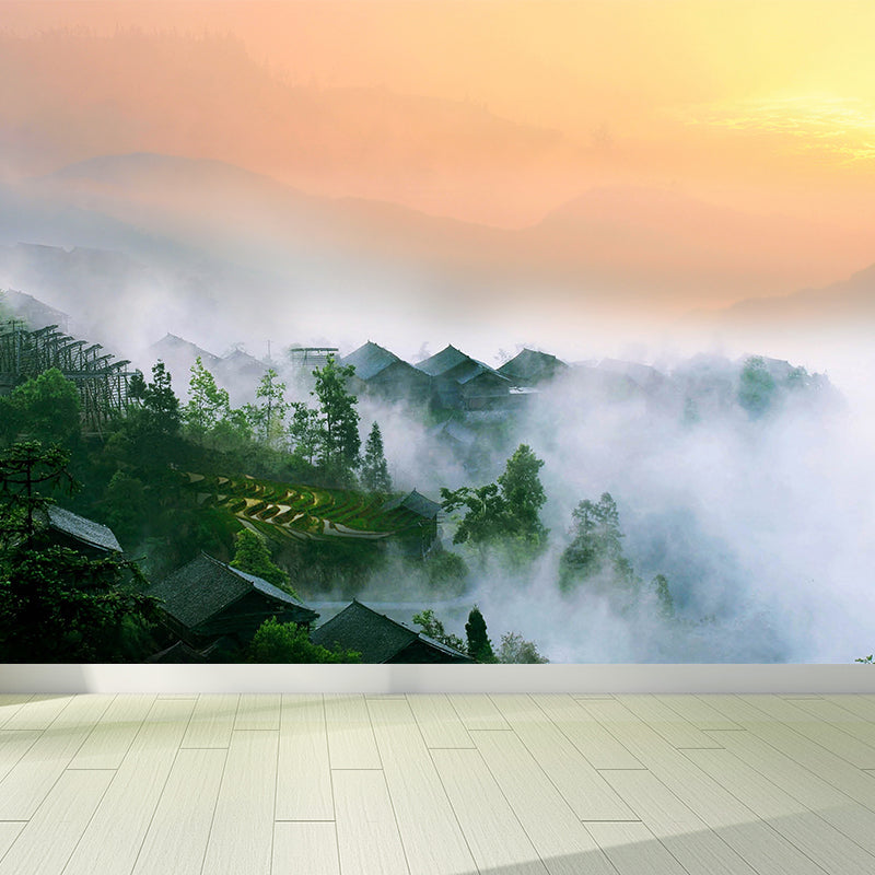 Misty Forest Landscape Wallpaper Mural Contemporary Smooth Wall Covering in Dark Color