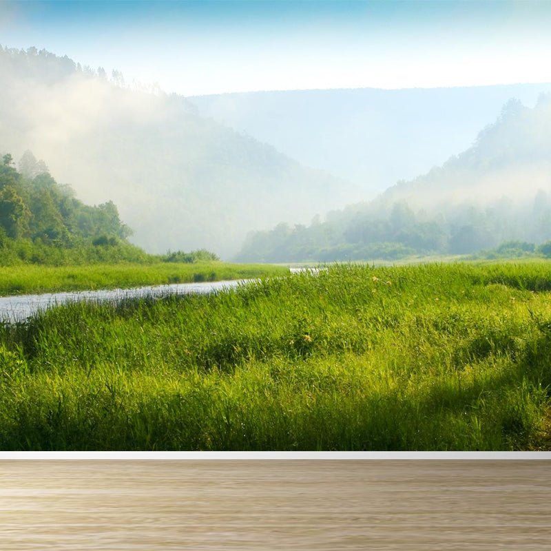 Misty Forest Landscape Wallpaper Mural Contemporary Smooth Wall Covering in Dark Color