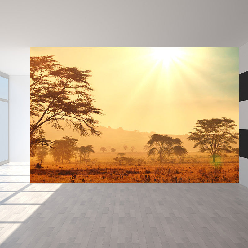 Cloudy Forest Landscape Mural Decal Contemporary Non-Woven Wall Covering in Soft Color