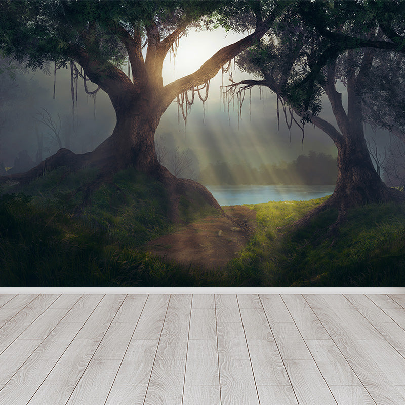 Cloudy Forest Landscape Mural Decal Contemporary Non-Woven Wall Covering in Soft Color