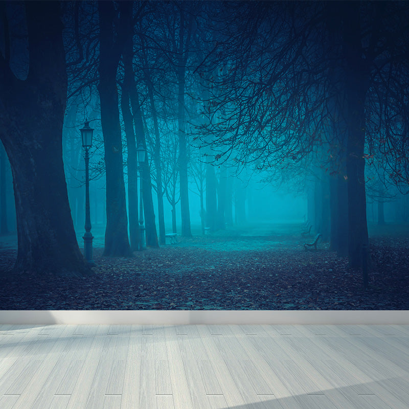 Cloudy Forest Landscape Mural Decal Contemporary Non-Woven Wall Covering in Soft Color