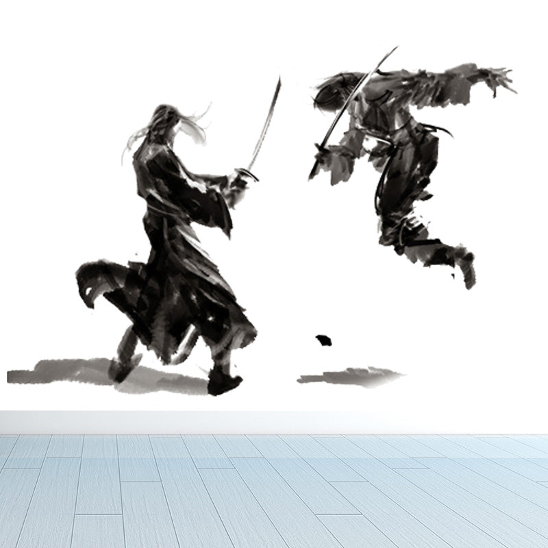 Ink Painting Knight Wall Mural Chinese Non-Woven Wall Art in Black for Boys Room