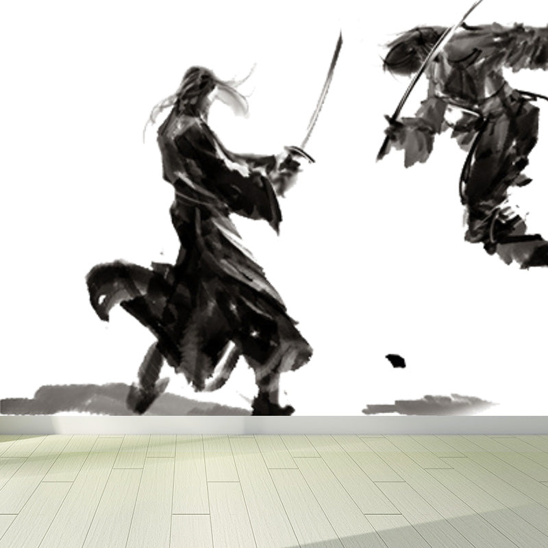 Ink Painting Knight Wall Mural Chinese Non-Woven Wall Art in Black for Boys Room