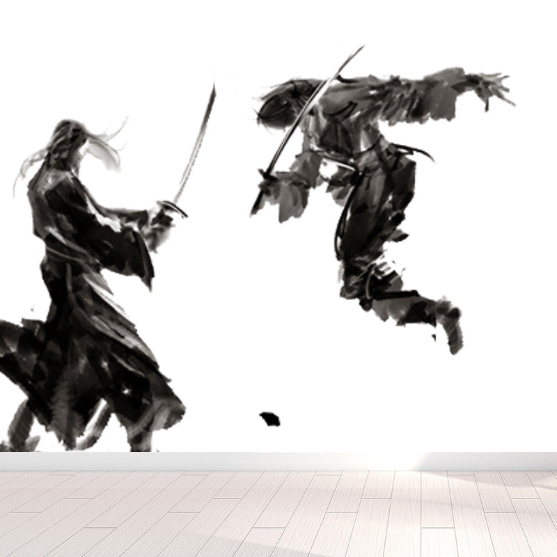 Ink Painting Knight Wall Mural Chinese Non-Woven Wall Art in Black for Boys Room