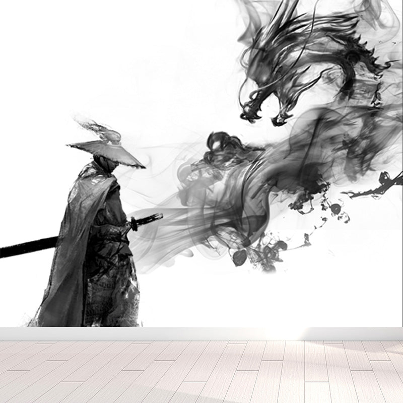 Ink Painting Knight Wall Mural Chinese Non-Woven Wall Art in Black for Boys Room