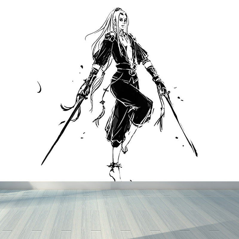 Ink Painting Knight Wall Mural Chinese Non-Woven Wall Art in Black for Boys Room