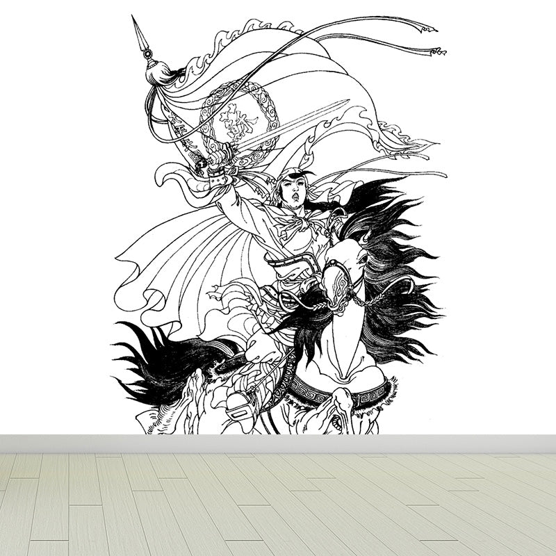 Ink Painting Knight Wall Mural Chinese Non-Woven Wall Art in Black for Boys Room