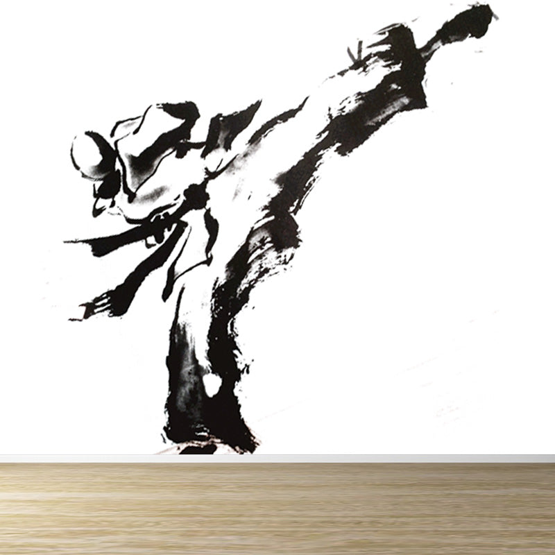 Ink Painting Knight Wall Mural Chinese Non-Woven Wall Art in Black for Boys Room