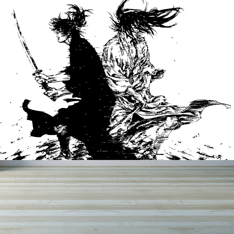 Japanese Martial Samurai Mural Wallpaper Black Stain Resistant Wall Covering for Boys Bedroom