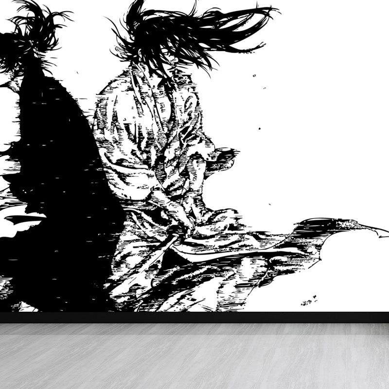 Japanese Martial Samurai Mural Wallpaper Black Stain Resistant Wall Covering for Boys Bedroom